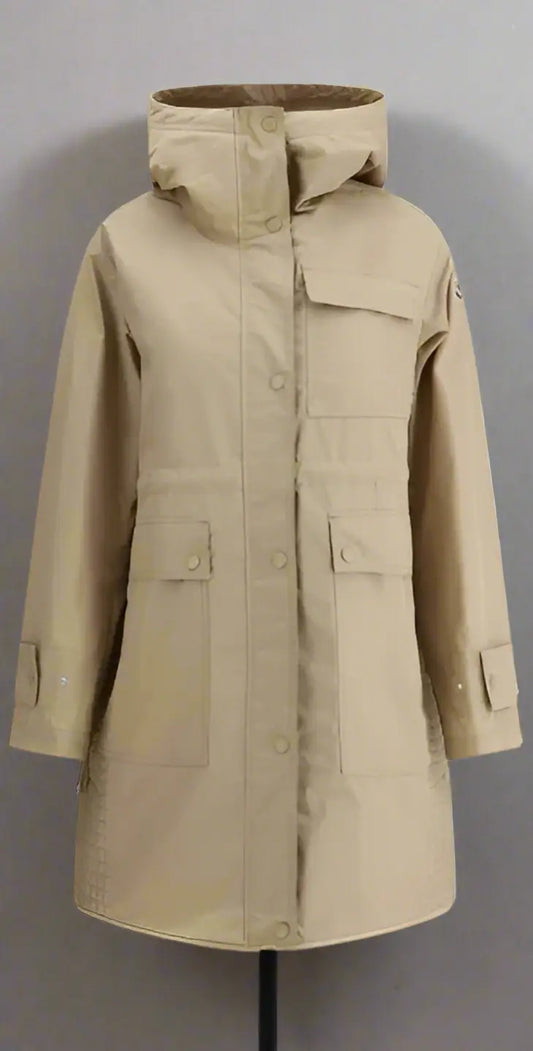Beige hooded Moncler Meudon Long Waterproof Jacket with large front pockets