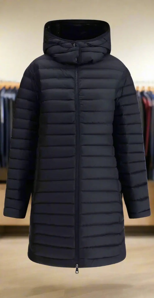 Dark blue Moncler Womens IGELONG Down Jacket with iconic logo patch and front zipper