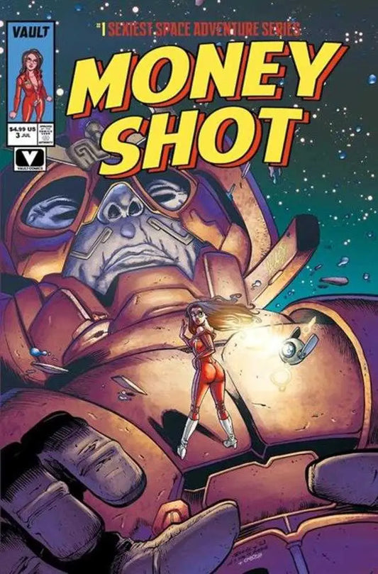 Comic book cover of Money Shot Comes Again #3 with a giant robot and figure in red