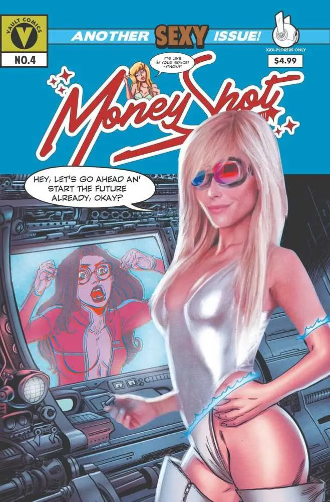 Comic book cover of Money Shot Comes Again #4 shows a figure in silver suit and pink hair