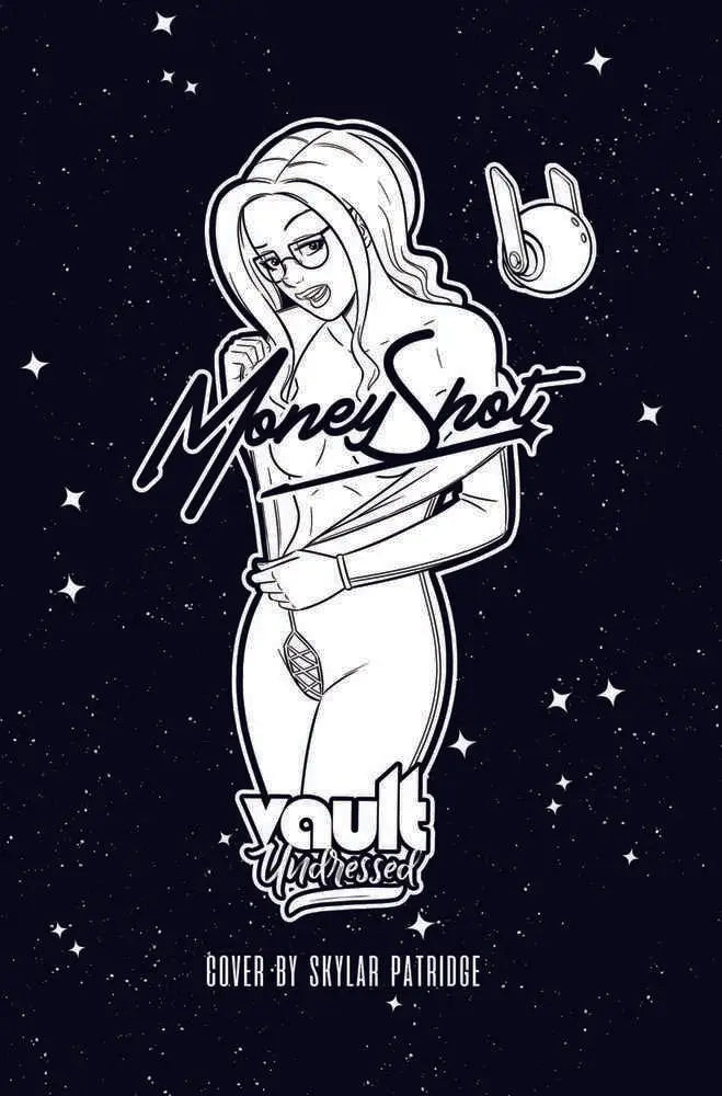 Black and white illustration of figure making a rock gesture, Money Shot trading cards cover