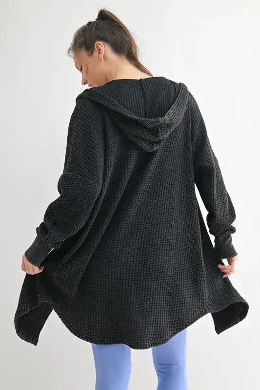Black chunky waffle mineral wash hoodie with hood and long sleeves from MONO B