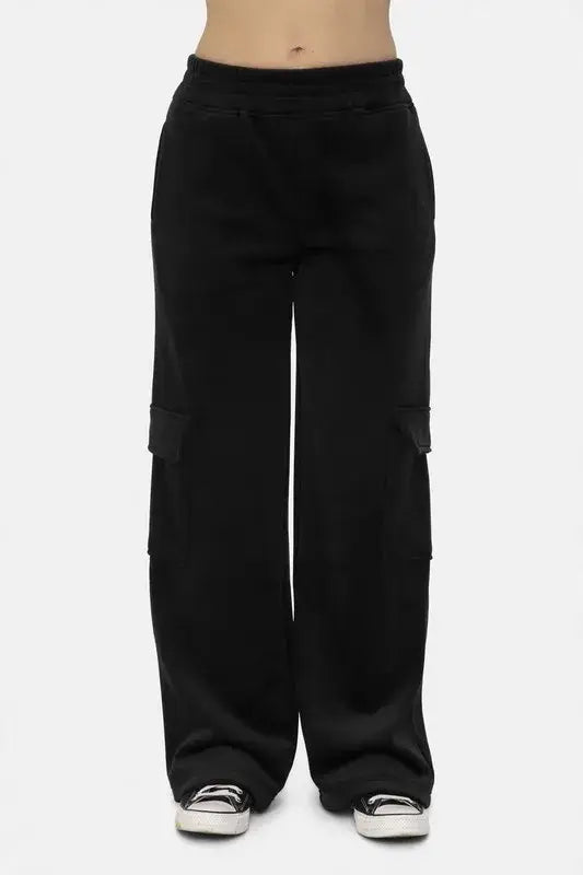 Mono B Elastic Waist Corduroy Cargo Pants - Black / S - Cargo Flared Pants