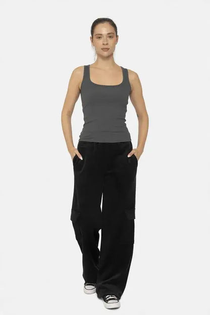 Mono B Elastic Waist Corduroy Cargo Pants - Cargo Flared Pants