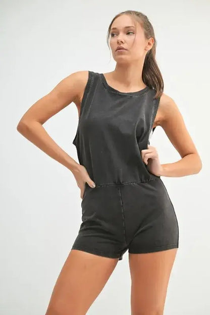 MONO B Mineral Wash Vintage Romper - BLACK / S