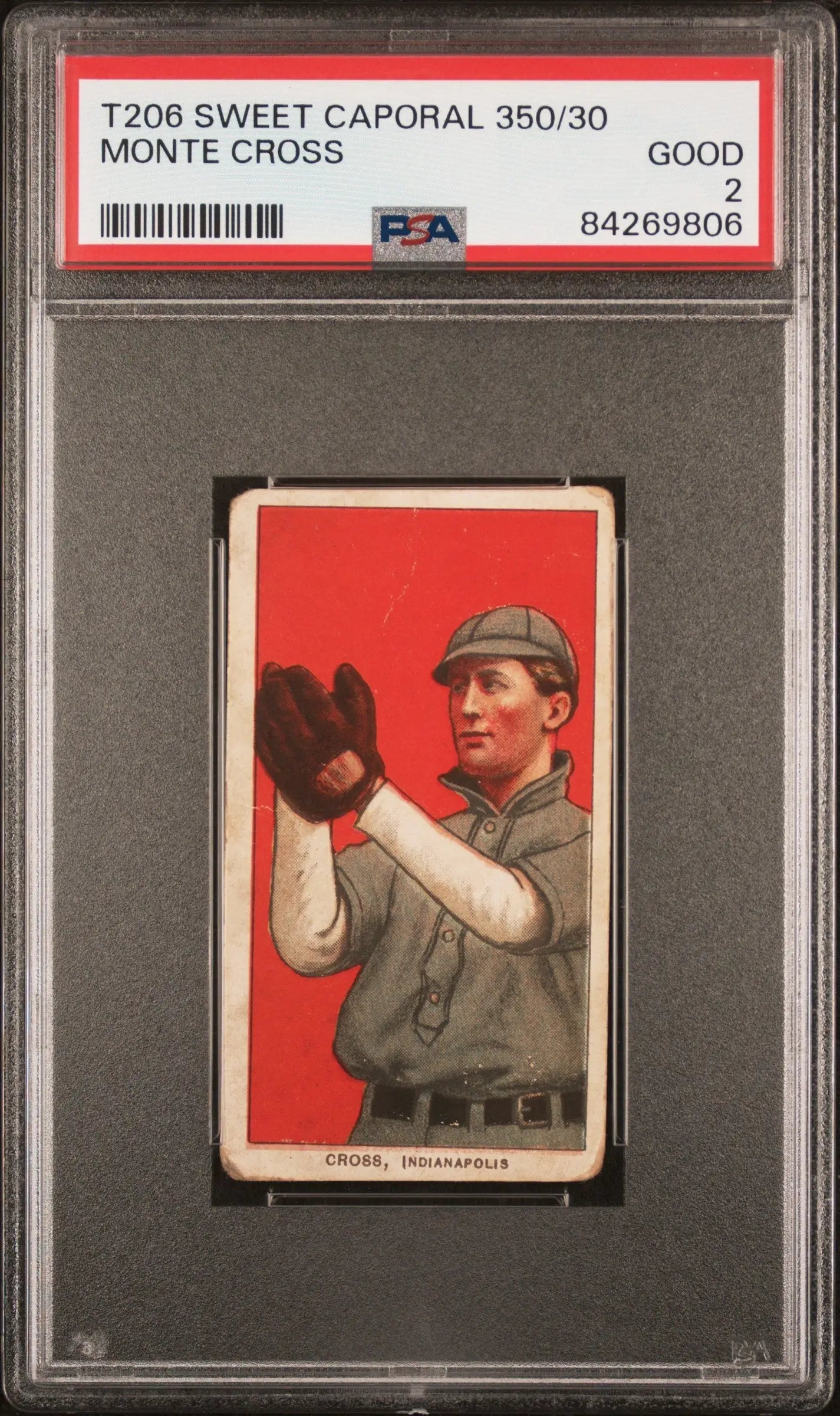 PSA-graded Monte Cross 1909-11 T206 Sweet Caporal 350/30 baseball card in gray uniform