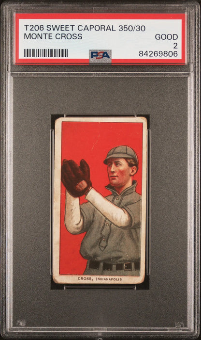 PSA-graded Monte Cross 1909-11 T206 Sweet Caporal 350/30 baseball card in gray uniform
