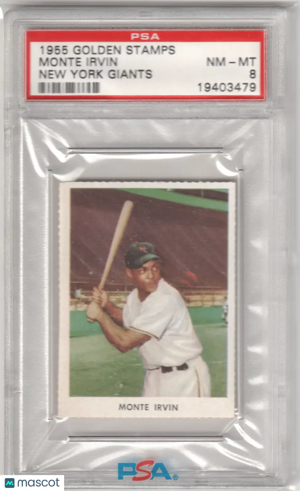 Graded 1955 Monte Irvin Golden Stamps baseball card featuring New York Giants from Columbia Hobby