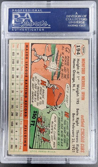Monte Irvin 1956 Topps #194 baseball card in PSA 6 EX-MINT holder for trading cards
