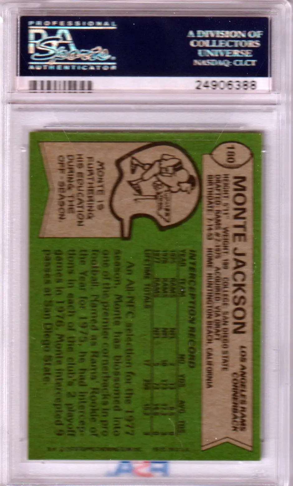 Graded Monte Jackson football card from 1978 Topps #180 PSA 8 NM-MT RAMS