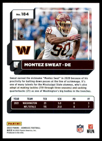 Montez Sweat football card from 2022 Donruss Washington Commanders series