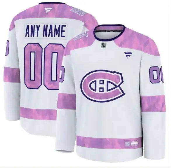 White and pink Montreal Canadiens hockey jersey with purple Canadiens logo for 2024 Hockey Fights Cancer