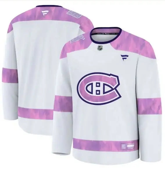 White and purple Montreal Canadiens Hockey Fights Cancer Practice Jersey displayed