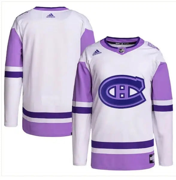 White and purple Montreal Canadiens Hockey Fights Cancer jersey with large CH logo