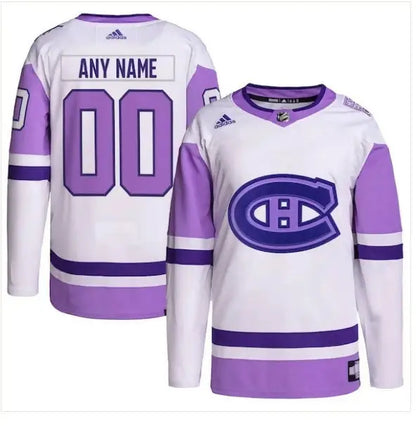 White and purple Montreal Canadiens Hockey Fights Cancer Primegreen authentic jersey with logo