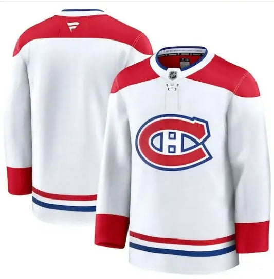 White Montreal Canadiens Away Premium Hockey Jersey with red shoulders and striped sleeves