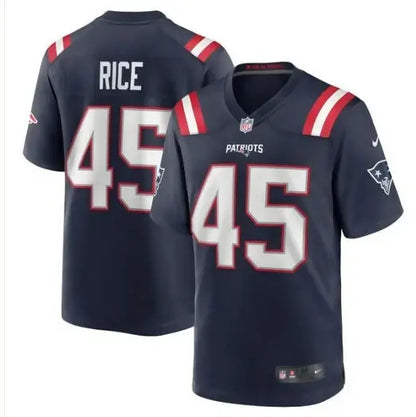 Navy blue New England Patriots Nike Game Jersey featuring RICE #45 for Patriots Nike Game collection