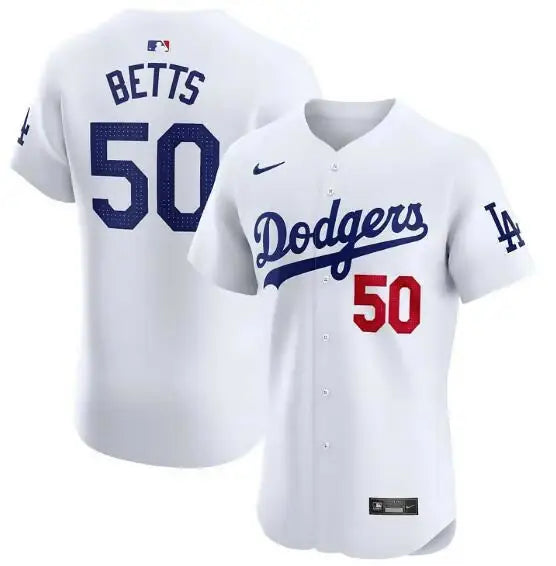 White Mookie Betts Dodgers Nike Alternate Elite Player Jersey displayed for sale