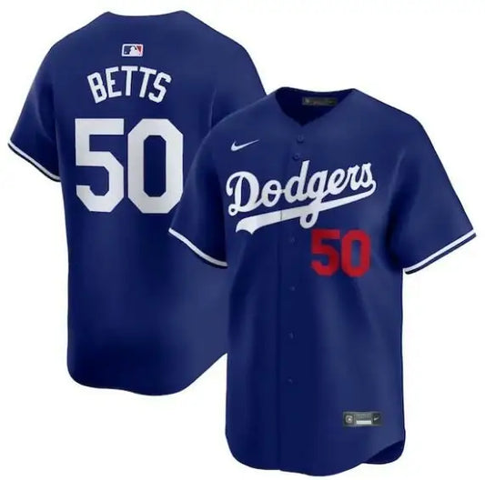 Blue Dodgers baseball jersey featuring Mookie Betts Los Angeles Dodgers Nike Alternate design