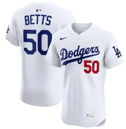 White Dodgers baseball jersey featuring Mookie Betts design by Nike