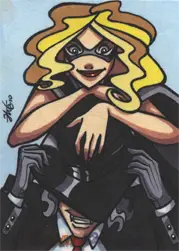 Stylized cartoon sketch card of a blonde superhero by Ana Sanchez in a black costume