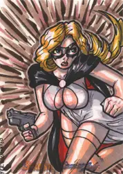Stylized blonde superhero woman holding a gun on Fer Galicia sketch card trading card