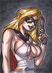 Cartoon illustration of a masked blonde woman with a gun on a Fer Galicia sketch card