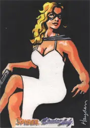 Cartoon illustration of blonde woman in white dress and black mask on Hayden Davis sketch card