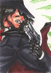 Stylized illustration of a person in a black hat and gloves for Moonstone Domino sketch card