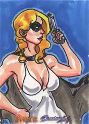 Stylized cartoon blonde woman with a gun on Moonstone Domino Lady sketch card