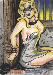 Stylized blonde woman in yellow and gray costume on Moonstone Domino sketch card by Robin Thompson