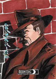Stylized illustration of a man in a fedora on a Moonstone Maximum Matt Heeb sketch card
