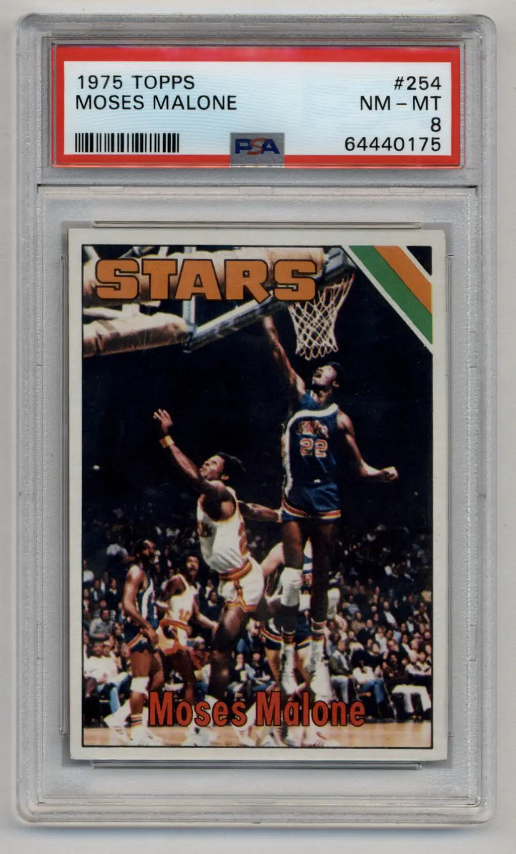 PSA-graded 1975 Topps Moses Malone rookie basketball card in Near Mint-Mint condition