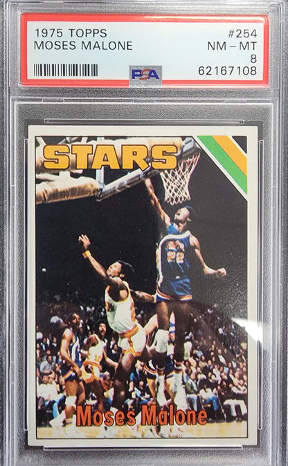 PSA-graded 1975 Topps Rookie Moses Malone basketball card featuring ABA Utah Stars action