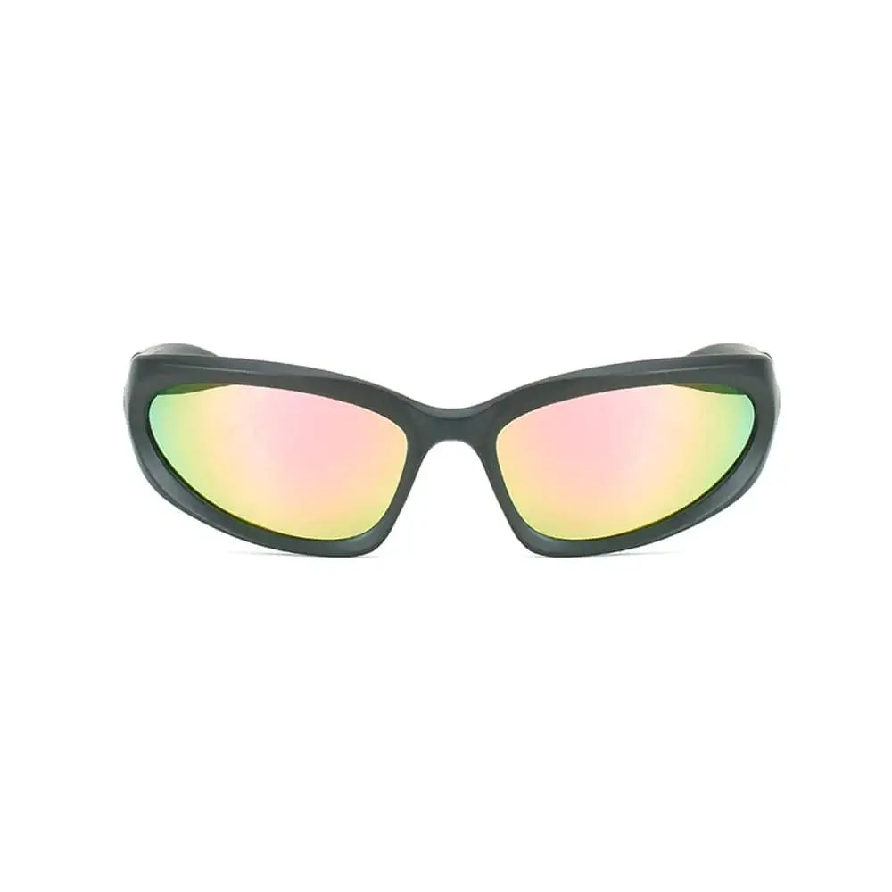 Motto Black Rainbow Sun Glasses with black frames and iridescent pink and yellow lenses
