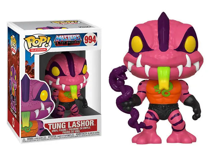 MOTU Tung Lashor Funko Pop vinyl figure in vibrant pink and purple, perfect for collectors