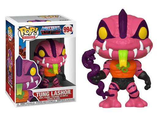 MOTU Tung Lashor Funko Pop vinyl figure in vibrant pink and purple, perfect for collectors