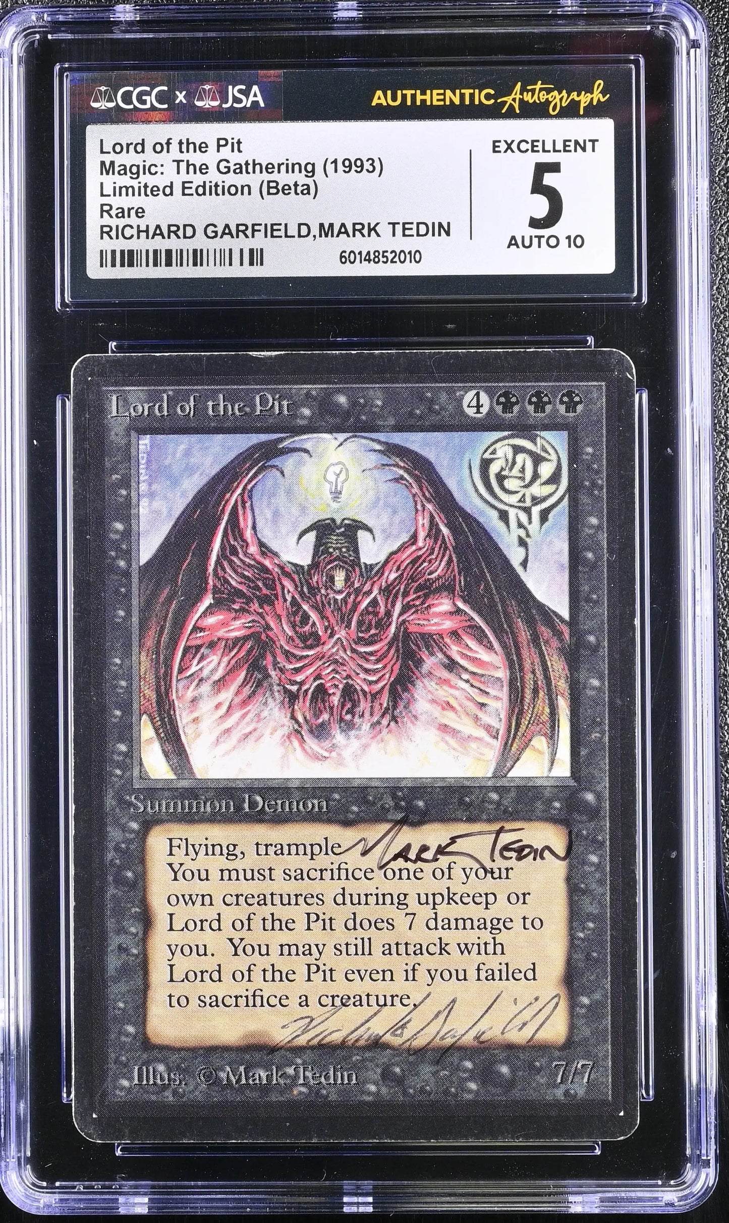 Graded Magic The Gathering Lord of the Pit beta edition card with JSA Tedin & Garfield autograph