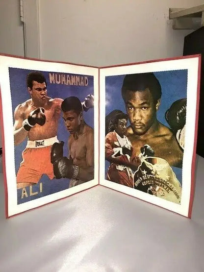 Framed boxing legends collage featuring Muhammad Ali and George Foreman photo set