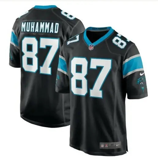 Black Carolina Panthers jersey with MUHAMMAD 87 in white lettering, Nike retired player jersey