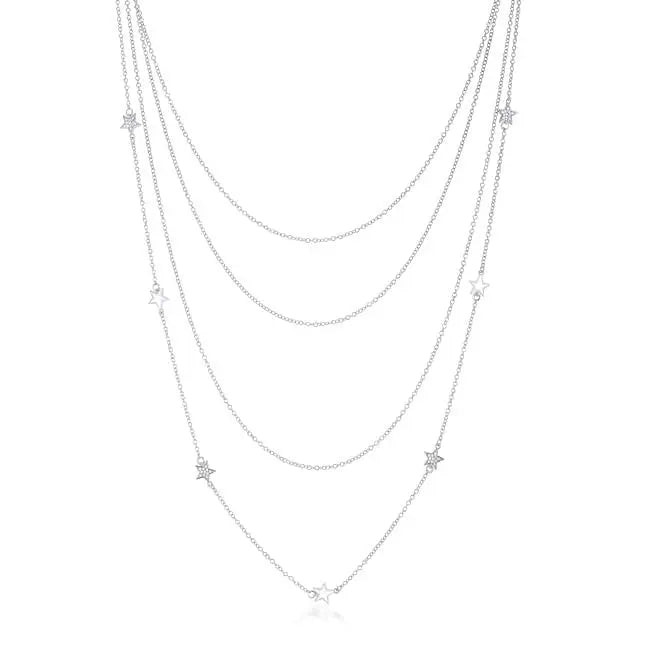 Multi-Chain Rhodium Star Necklace with CZ - Necklaces