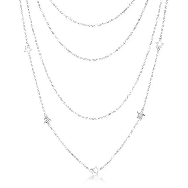 Multi-Chain Rhodium Star Necklace with CZ - Necklaces