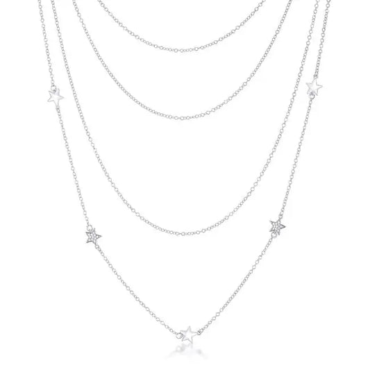 Multi-Chain Rhodium Star Necklace with CZ - Necklaces