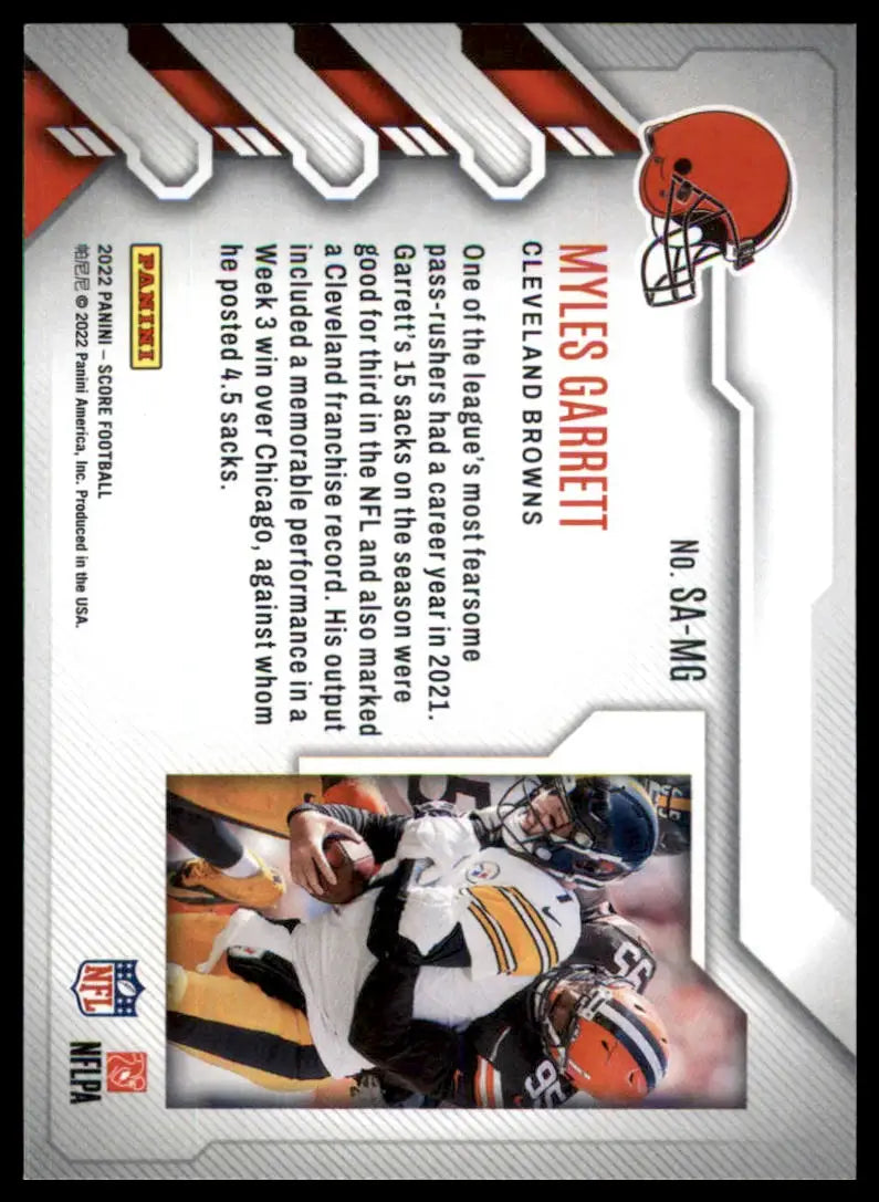 Football trading card featuring Myles Garrett from Cleveland Browns 2022 Score Sack Attack