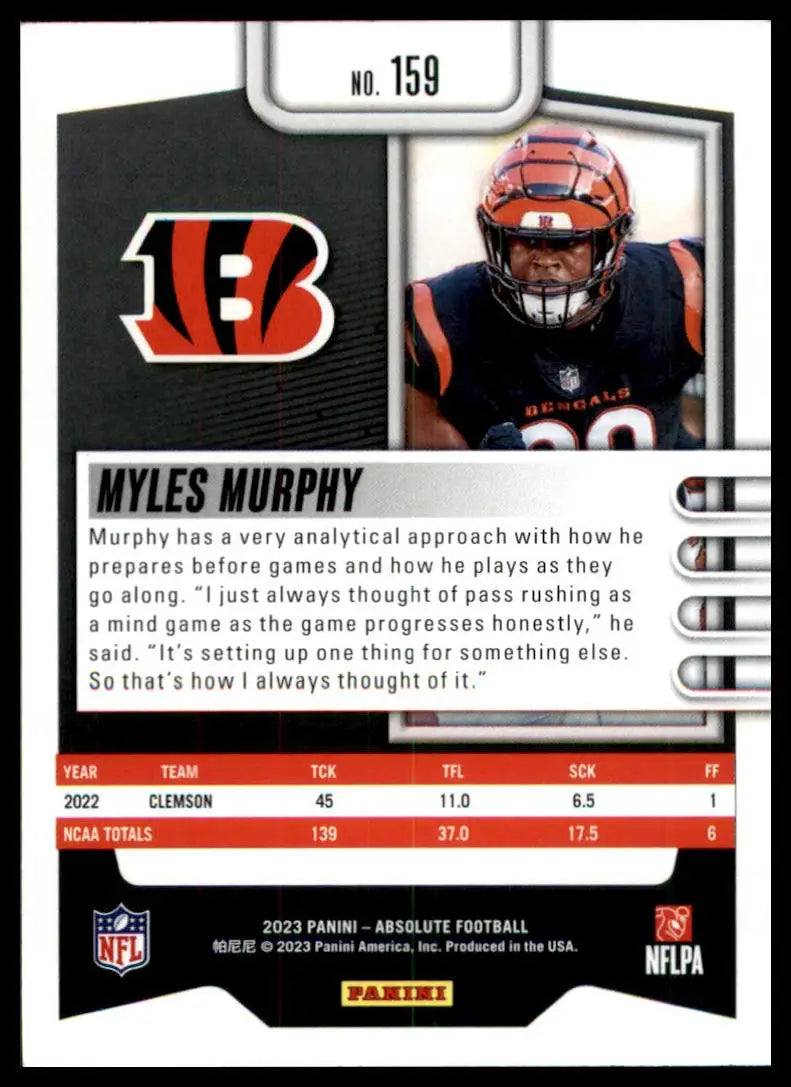 Myles Murphy football card from Panini Absolute Rookie 2023 Cincinnati Bengals