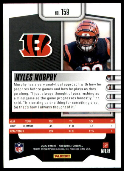 Myles Murphy football card from Panini Absolute Rookie 2023 Cincinnati Bengals