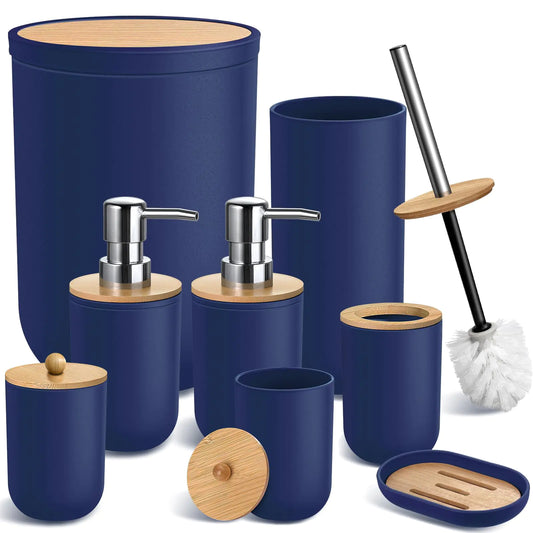 Blue Bathroom Accessories Set 8 Pack Navy Blue Bathroom Decor Accessory Sets Complete with Trash Can Bamboo Bath Soap Dispenser Toothbrush Holder Set Toilet Brush Qtip Holders Soap Dish