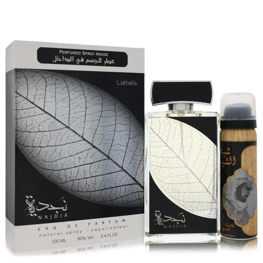 Black and white leaf-patterned Lattafa Eau parfum spray and deodorant set