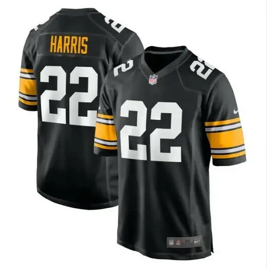 Black Pittsburgh Steelers Najee Harris jersey with gold and white HARRIS 22 lettering