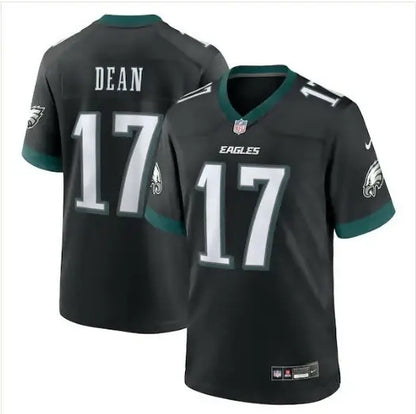 Black Philadelphia Eagles Nakobe Dean jersey with 17 on front and back for sale